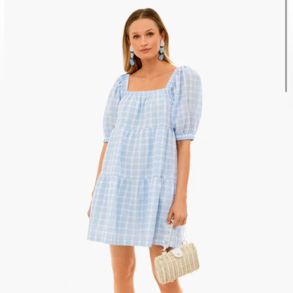 Square-Neck Light Blue Gingham Mini Dress